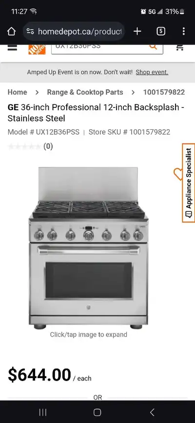 12x36" GE professional range backsplash in Stainless steel, View more
