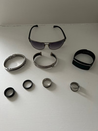 Jewellery assortment. Rings, bangles. Glasses