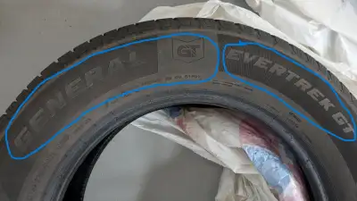 I have a set of 4 tires. General Evertrak GT 235 65R 17 104H The remaining tire tread is visible in...