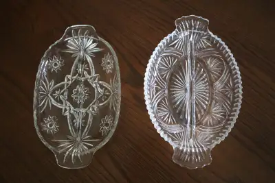 Beautiful oval glass serving dishes (approximately 26 cm x 16 cm. Old but like new - no chips. $4 ea...