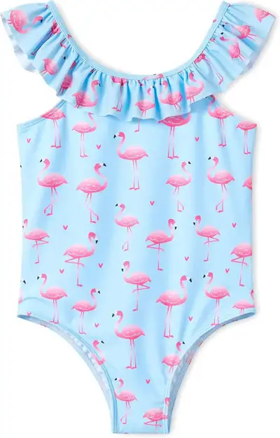 NEW Girl's Blue w/Pink Flamingos 1pc Swimsuit  - Size 5/6, View more