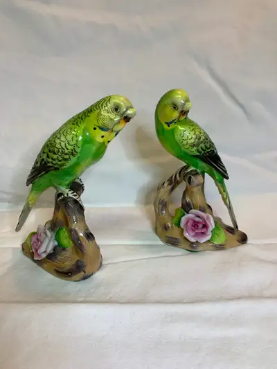 Pair of Japanese porcelain Parakeet figurines 5.5", View more