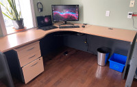 2 L-Shaped Office Desks (Maple) with Matching Rolling Cabinet