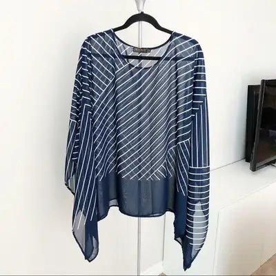 (Size XXL) Women's Navy Blue White Striped Flowing Blouse Top, View more