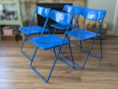 Vintage IKEA plastic and metal folding TED chairs in cobalt blue. The iconic TED chair was originall...