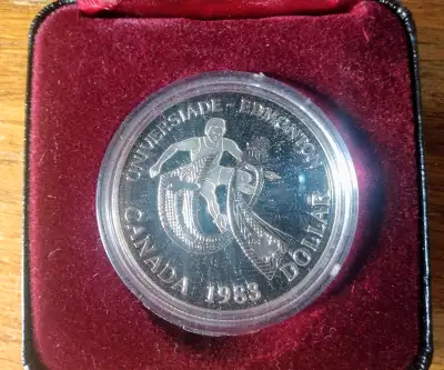 Silver proof coin celebrating Edmonton's Universiade games. Comes in a Canada Mint case