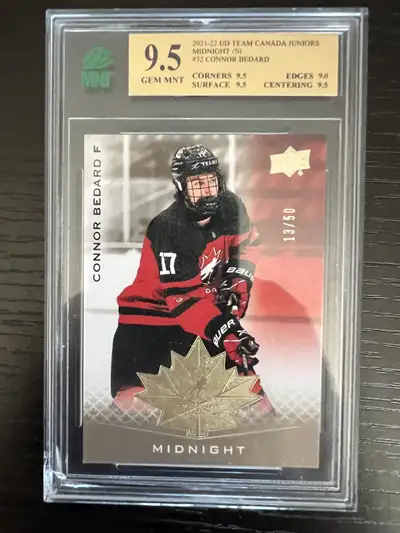 1 X Connor Bedard, Graded 9.5 ( Midnight ) 13 Of 50. Price $1575, View more