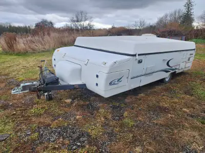 Jayco tent trailer. Long trailer for tent style, rare tip out. Surge brakes. Hot water heater land f...