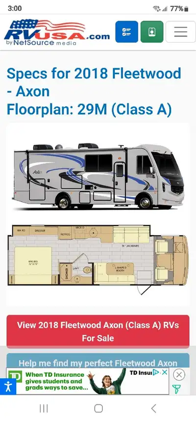 32 ft fleetwood axon class a motorhome,ford triton v10 gas motor,44000 km,2 new smart tvs,50" outsid...