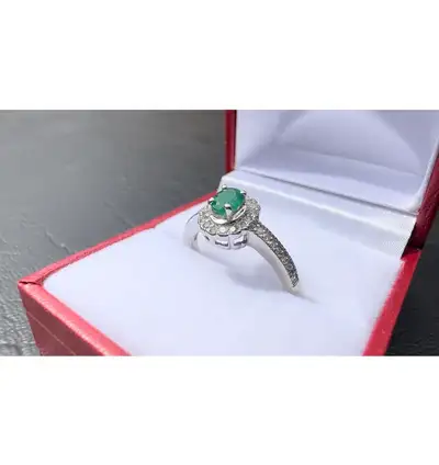 #518 - 14kt White Gold,Emerald & Diamond Ring, Size 7 1/4, View more