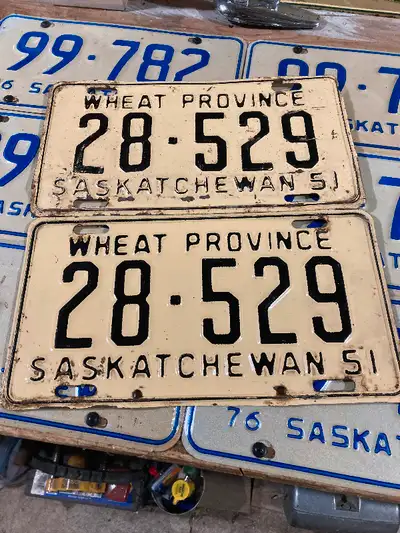 Nice original matching pair 1951 Saskatchewan license plates $75 phone or text 306-960-2052