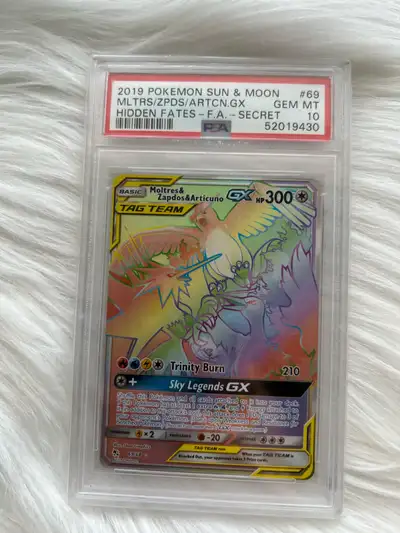 I'm offering a 2019 Pokemon Sun & Moon Hidden Fates Moltres & Zapdos & Articuno GX card, graded GEM...