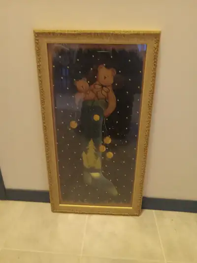 PICTURE OF TEDDY BEARS IN CHRISTMAS STOCKING BROWN GOLD FRAME, View more