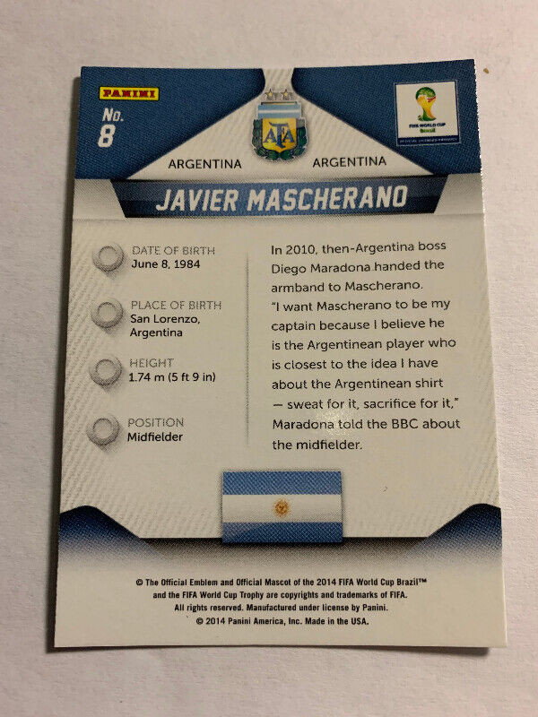 Javier Mascherano Argentina 2014 Panini Prizm World Cup Soccer#8 dans Art et objets de collection  à Longueuil/Rive Sud - Image 2