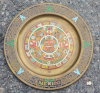 Vintage Brass Aztec Mexican Calendar Plate Wall Art Enamel Inlay