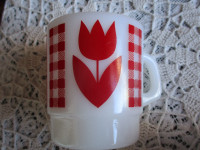 Vintage Collection of Milk Glass Mugs in Red Gingham--Never Used