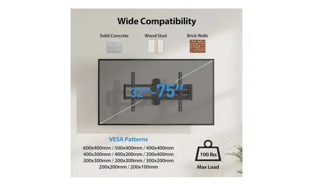 Pipishell Full-Motion Long-Arm TV Wall Mount for 32-75 Inch TV’s in Video & TV Accessories in Markham / York Region - Image 3