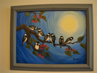 Acrylic painting,  8 Chickadees on Fruit Tree Branch