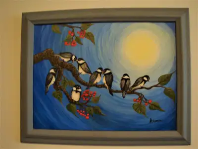 Acrylic painting,  8 Chickadees on Fruit Tree Branch, View more