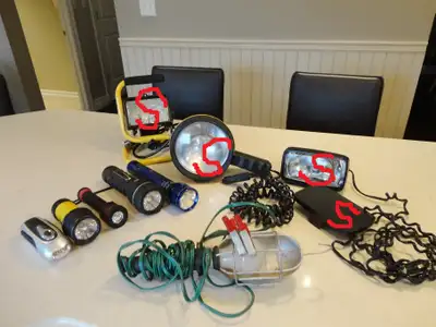 Various Flashlights & 12V Battery Connect Worklight all for $15, View more