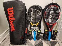 2x Head Tennis Raquets w Covers & Wilson Tour Raquet Bag & Balls