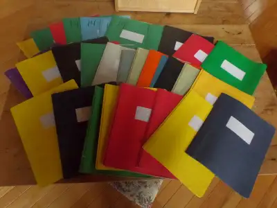 Used cardboard duo-tang report covers, new labels, good condition various colours, from clean non-sm...