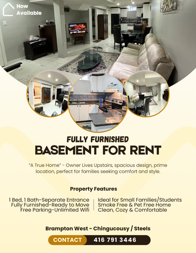 Fully Furnished 1BHK Basement With Side Entrance "Now Available" For Rent In Heart Of Brampton (Chin...