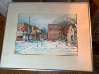 Vintage Mixed Media Winterscape Painting by Artist J. Proudfoot 