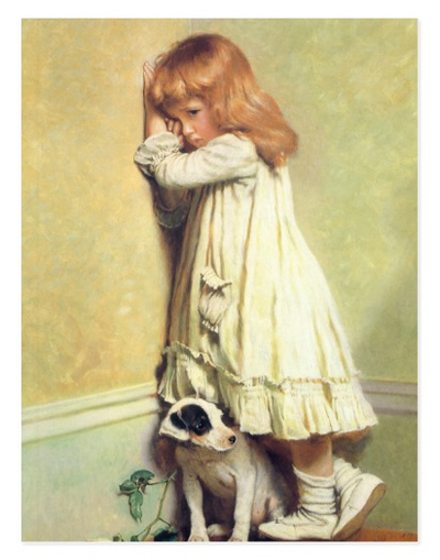 For sale: an impressive large print titled 'In Disgrace" (Girl in Corner with Dog) by Charles Burton...