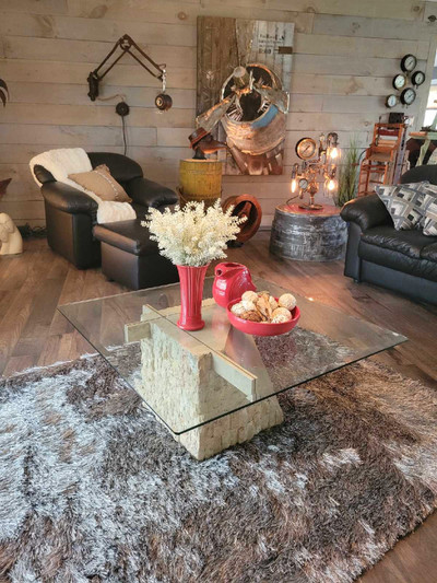 Beige stone/marble glass coffee and end table