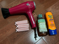 hair dryer, body wash, sun block and hair roll