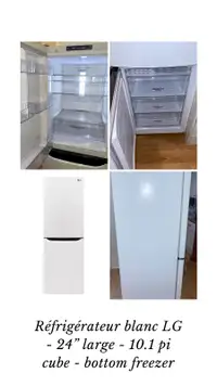 Réfrigérateur blanc LG - 24” large - 10.1 pi cube - congélateur 