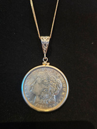 Morgan Dollar silver coin in sterling silver bezel and chain
