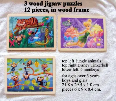 12pc Puzzles &trays wood 6 monkeys 12 Jungle Animals Tinkerbell, View more