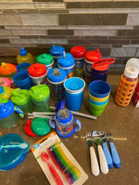 Toddler sippy cups, snack packs, cutlery, life factory bottle 