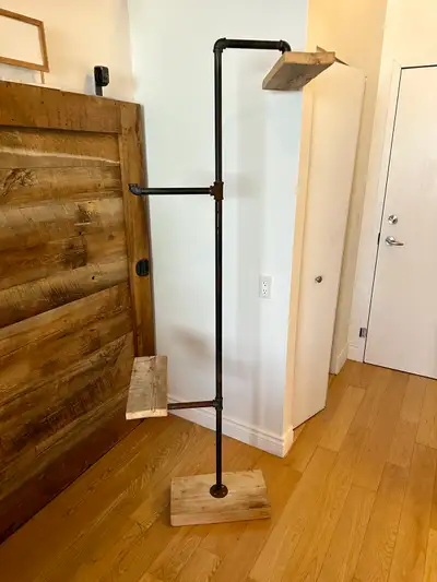 VINTAGE GARMENT RACK RECLAIMED WOOD STEEL PIPE CLOTHING STAND, View more
