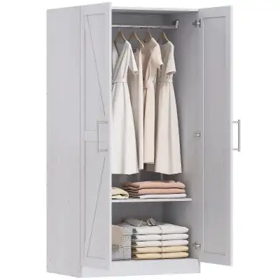 Wardrobe Cabinet with Hanging Rod, Anti-Tipping and 2 Barn Doors, View more