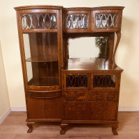 Magnificent Antique Victorian Lead Glass Tiger Oak China Cabinet