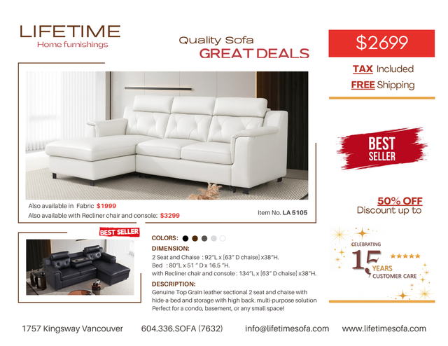 Genuine Top Grain leather sectional Sofabed & chaise & Storage in Couches & Futons in Vancouver - Image 2