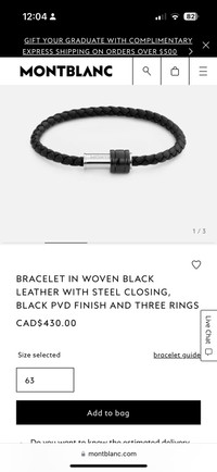Mont Blanc Leather Bracelet with Black PVD Rings Brand New 