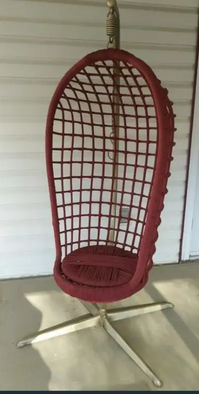 Wicker chair with metal stand and hanging mechanism. Chair can be used with the stand (indoors or ou...