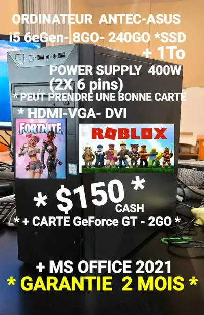 ORDINATEUR GAMING *DÉBUTANT -i5 6eGen- 8Go- 240go + 1To, View more