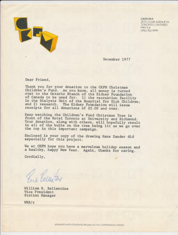 FM 99.9 Children's Fund Letter & Artwork-Signed-Original in Arts & Collectibles in City of Toronto - Image 2