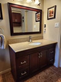 Bathroom vanity, mirror, medicine cabinet, linen tower and light