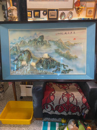 Vintage Chinese Framed Shadow Box Art LANDSCAPE  - Mother of Pea