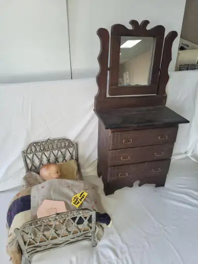 ANTIQUE DOLL BABY PLAY SET - BED, BLANKET, MIRROR, MINI DRESSER, View more