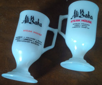 2 Specialty Coffee Mugs from Ali Baba Steak House, Milk Glass