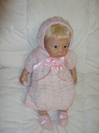 Crocheted Pink and White Dress, Bonnet and Booties