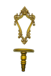 Vintage Gold Gilt Mirror and Shelf set in faux wood, intricate