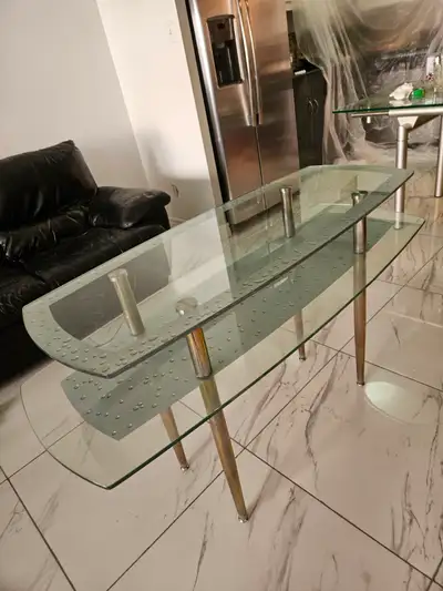 Modern Two-Tier Glass Console Table with Resin Design, View more